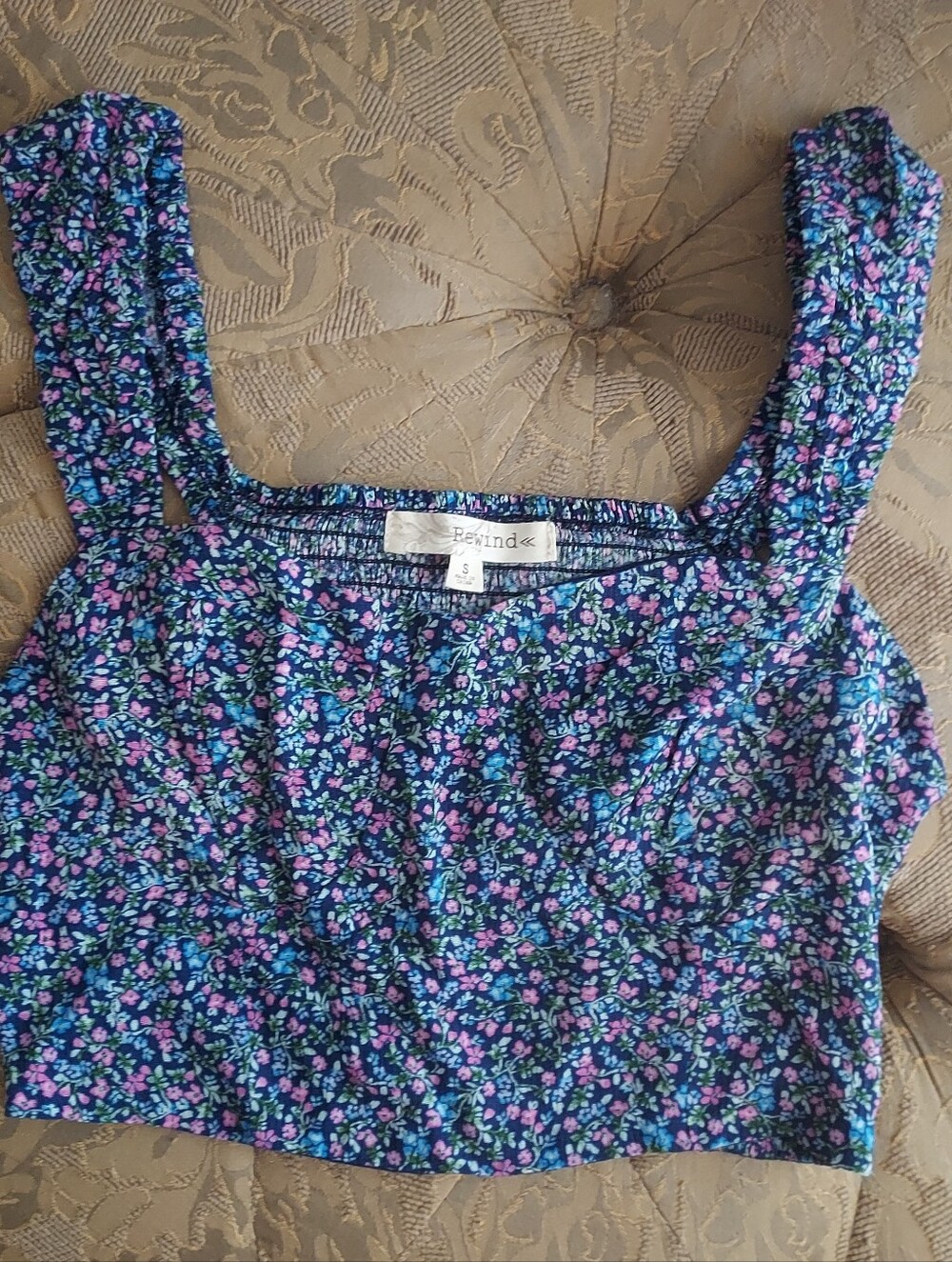 Small Rewind Navy Floral Crop Top with Pink & Teal Flowers